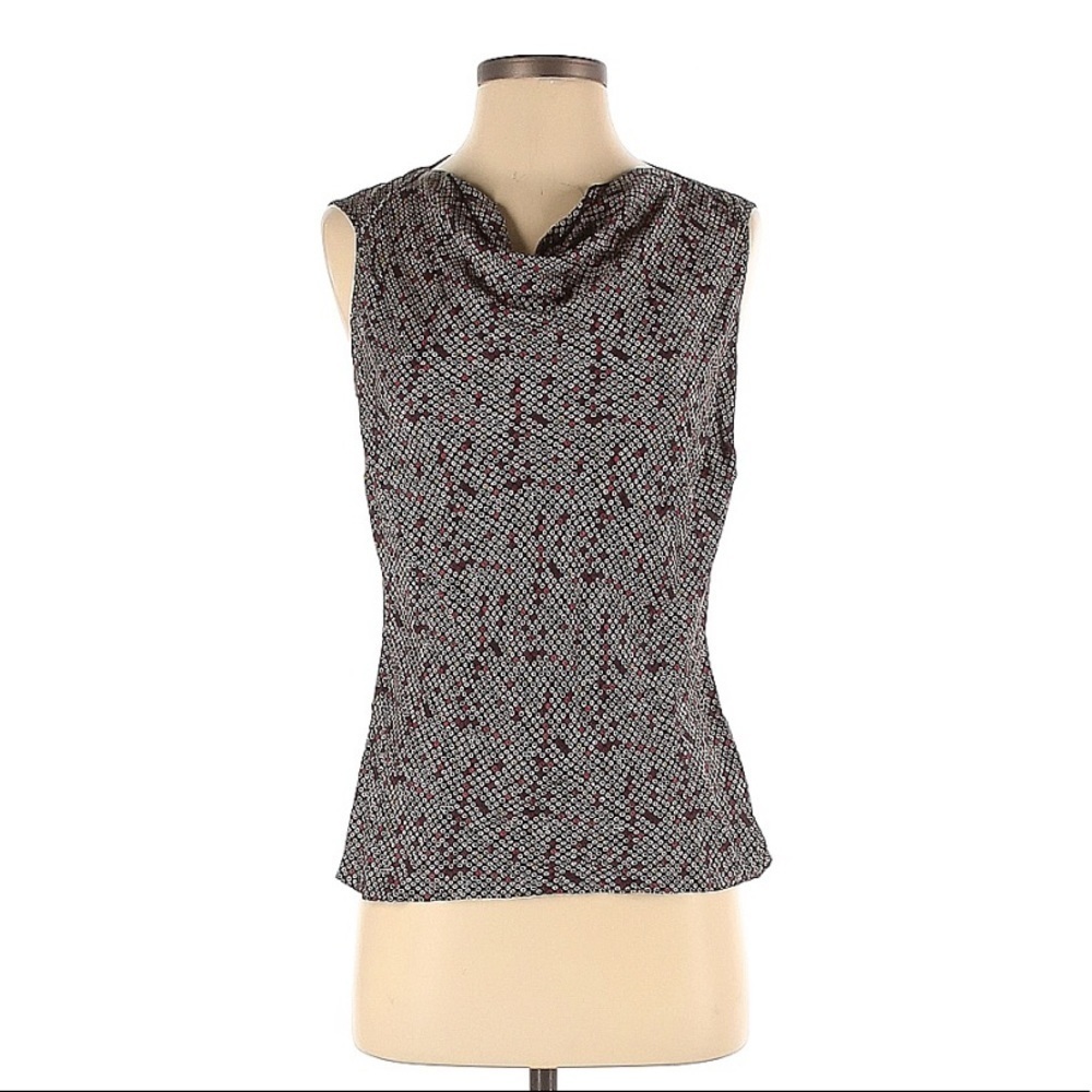 Y2K Red/Black Abstract Pattern Sleeveless Draped Cowl Neck 100% Silk Blouse